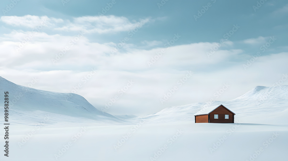 A vast snowy expanse with only a single wooden cabin visible in the distance surrounded by snow-covered hills and the pale winter sky stretching endlessly overhead.