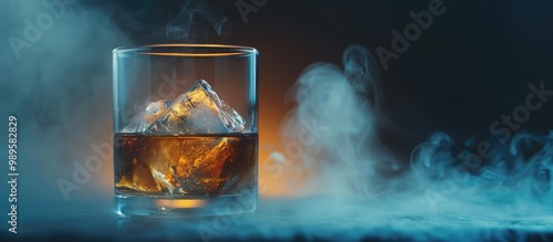 Selective Focus Pure Whisky With Ice Cube Inside Whisky Glass On Dark Foggy Background Alcohol Drink Concept Close Up photo