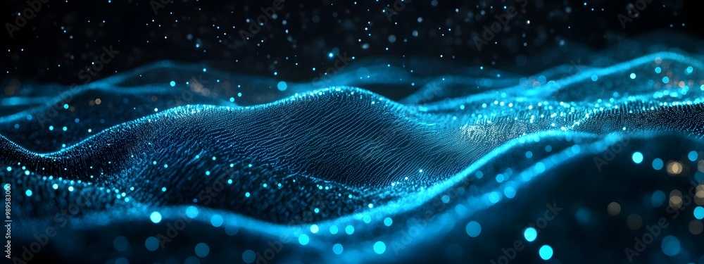 Abstract blue glowing light waves and data flow in a space background for technology, Abstract blue glowing light waves and data flow in a space background for technology,