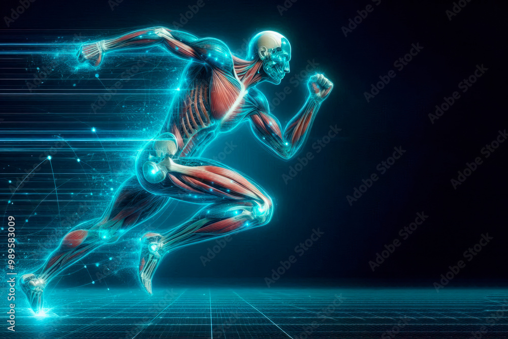 Fototapeta premium A digital person with drawn muscles, running at high speed. Space for text.