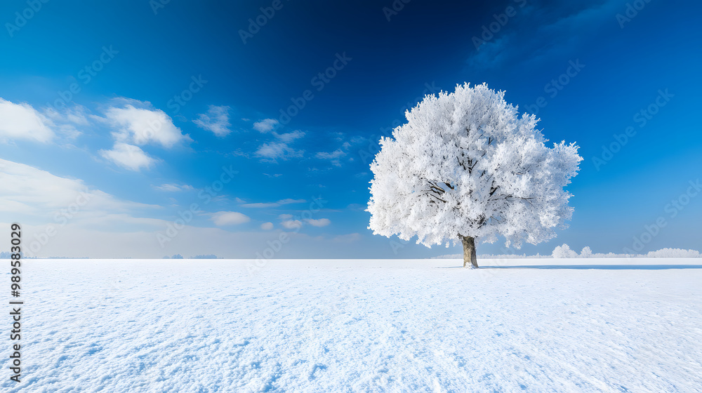 A wide open snowy field with a single tree standing in the middle its branches heavy with frost and snow and the sky above a deep winter blue.