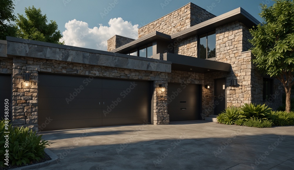 Modern stone house with large garage in a serene neighborhood Modern stone house with large garage in a serene neighborhood