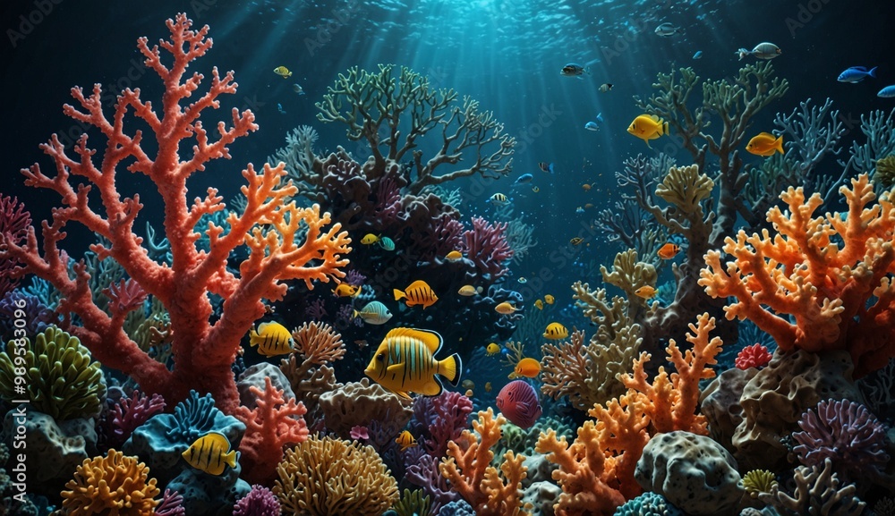 Obraz premium Vibrant underwater scene filled with colorful coral and fish.