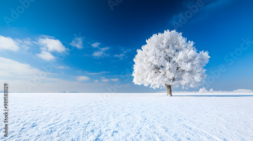 Obraz na płótnie A wide open snowy field with a single tree standing in the middle its branches heavy with frost and snow and the sky above a deep winter blue. w salonie