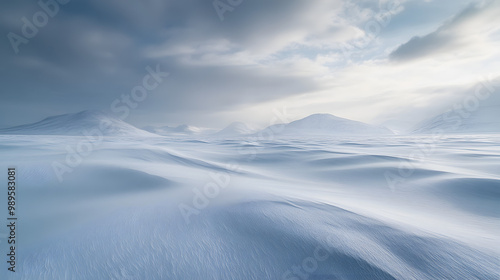 Obraz na płótnie A windswept snowy plain stretching out toward distant mountains with snow drifts creating soft waves across the landscape under a cloudy winter sky. w salonie
