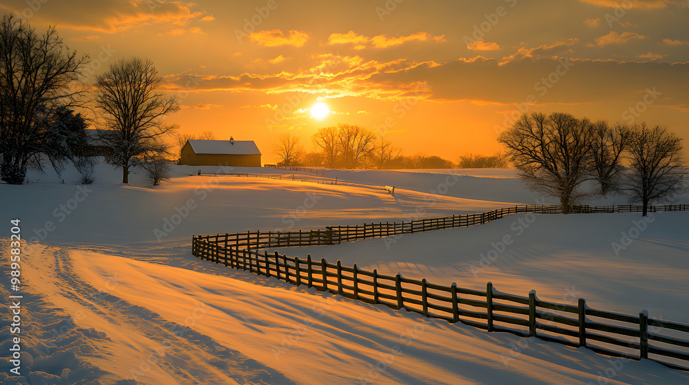 A winter sunset over a snow-covered farm with rows of fences and barns barely visible through the thick blanket of snow and the sky painted in shades of gold and orange.
