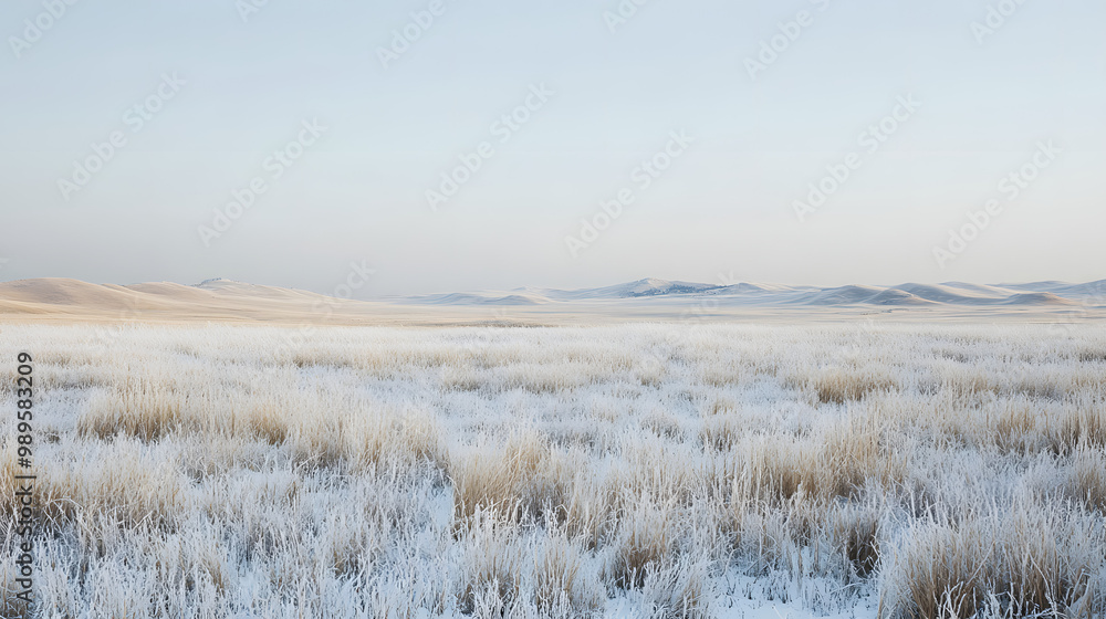 A vast snow-covered prairie stretching to the horizon with low hills barely visible in the distance and a soft layer of frost covering the tall grasses.