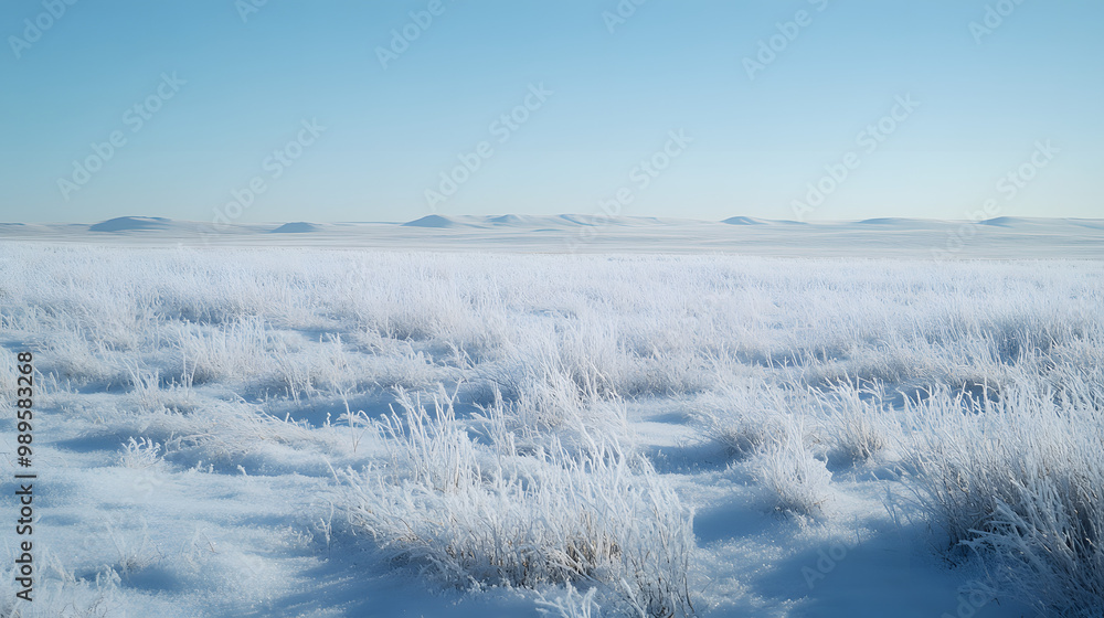A vast snow-covered prairie stretching to the horizon with low hills barely visible in the distance and a soft layer of frost covering the tall grasses.