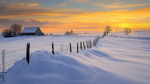 A winter sunset over a snow-covered farm with rows of fences and barns barely visible through the thick blanket of snow and the sky painted in shades of gold and orange.