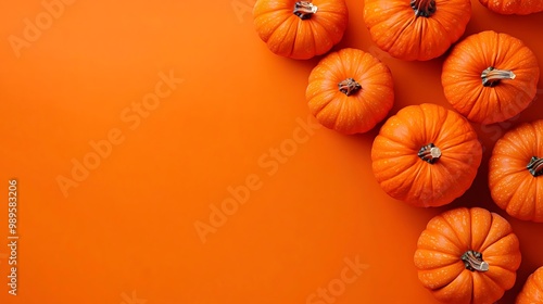 Halloween display of pumpkins on a vibrant orange background for a seasonal flat lay.