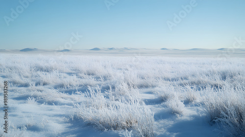 Obraz na płótnie A vast snow-covered prairie stretching to the horizon with low hills barely visible in the distance and a soft layer of frost covering the tall grasses. w salonie