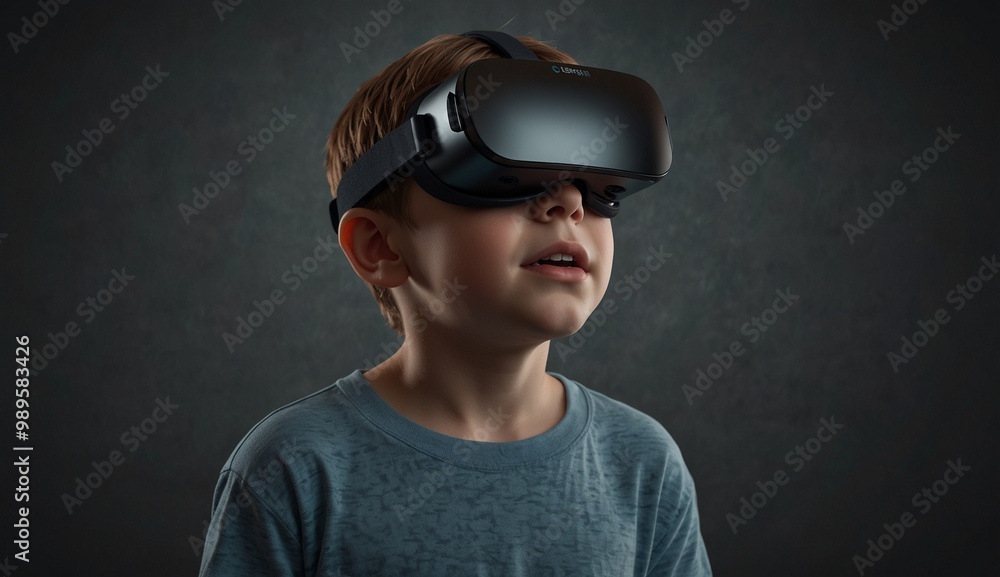Young boy wearing virtual reality headset and exploring digital worlds. Young boy wearing virtual reality headset and exploring digital worlds.