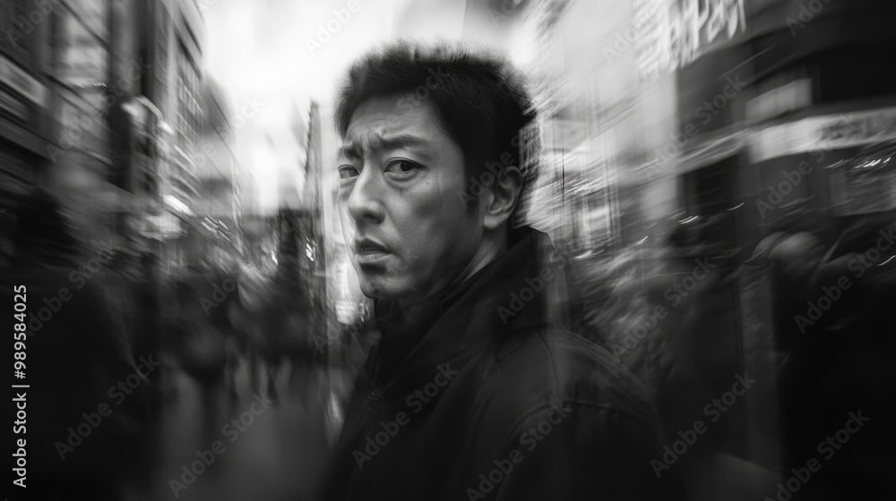 A man stands sharply in focus amid a bustling, blurred street scene, capturing the contrast between individual stillness and urban hustle, evoking solitude in the crowd. A man stands sharply in focus amid a bustling, blurred street scene, capturing the contrast between individual stillness and urban hustle, evoking solitude in the crowd.