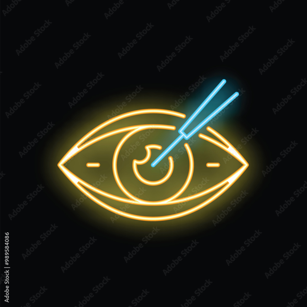 Neon icon of eye surgery correcting vision with a laser, representing ophthalmology and eyesight correction Neon icon of eye surgery correcting vision with a laser, representing ophthalmology and eyesight correction