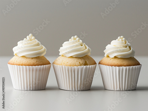 White icing three cupcake mockup with minimal decor, swirl icing with white confetti pearls, natural lighting, grey background