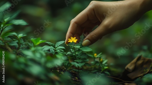 A hand gently touches a small yellow flower surrounded by lush greenery. The close-up image captures the delicate interaction between human and nature with a serene, peaceful vibe.