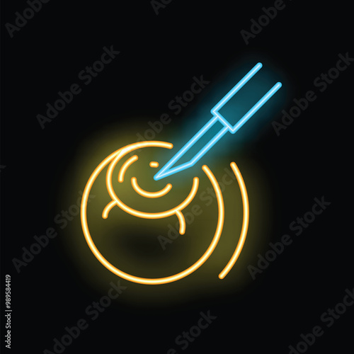 Neon icon of a surgical instrument performing laser eye surgery, symbolizing vision correction and ophthalmology