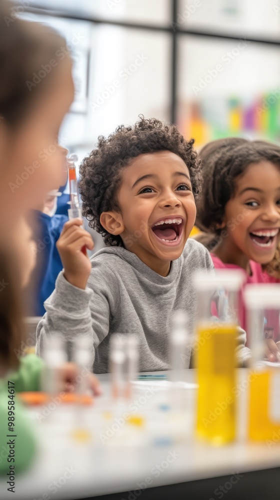 Kids enjoy a fun science experiment with test tubes and microscopes, showing joy and wonder Kids enjoy a fun science experiment with test tubes and microscopes, showing joy and wonder