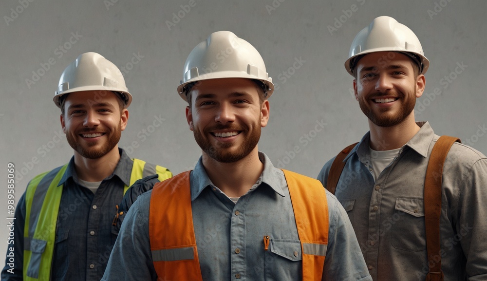 Three happy workers wearing protective gear on job site. Three happy workers wearing protective gear on job site.