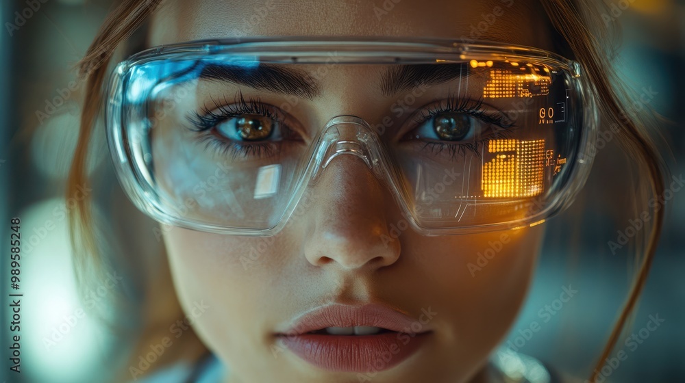 Close-up of a woman's face wearing futuristic smart glasses with digital data displayed on the lenses, representing advanced technology and innovation in augmented reality Close-up of a woman's face wearing futuristic smart glasses with digital data displayed on the lenses, representing advanced technology and innovation in augmented reality