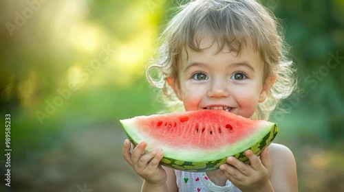 A cheerful child with curly hair enjoys a juicy slice of watermelon, embodying the essence of summer and happiness, with sunlight creating a warm ambiance.