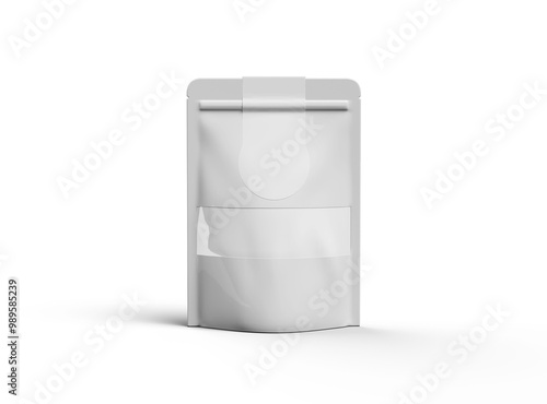 Render of a glossy doypack with transparent window and top sticker label on a transparent background