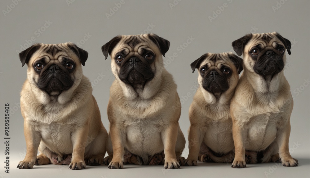 Obraz premium Four adorable pugs sitting together, showcasing their unique charm.