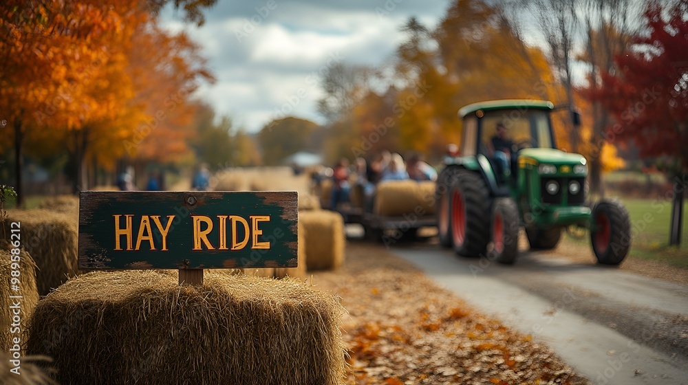 Sign that reads “HAY RIDE” - tractor pulling trailer - fall - autumn - Halloween carnival - fall festival - farm - kids - children - golden hour - fall foliage
