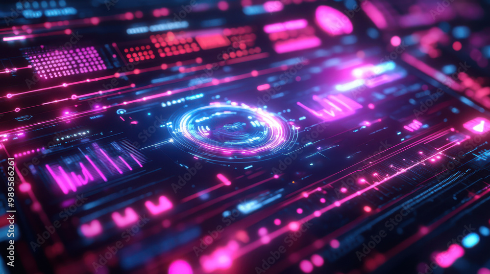 Neon holographic digital interface with vibrant pink and blue lights, representing futuristic technology, data visualization, and advanced analytics in a high-tech virtual environment Neon holographic digital interface with vibrant pink and blue lights, representing futuristic technology, data visualization, and advanced analytics in a high-tech virtual environment