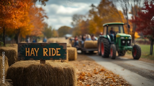 Obraz na płótnie Sign that reads “HAY RIDE” - tractor pulling trailer - fall - autumn - Halloween carnival - fall festival - farm - kids - children - golden hour - fall foliage w salonie