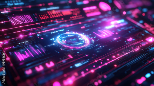 Neon holographic digital interface with vibrant pink and blue lights, representing futuristic technology, data visualization, and advanced analytics in a high-tech virtual environment