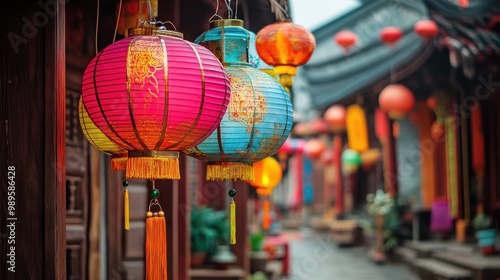 Colorful Chinese Lanterns Hanging in a Street Market