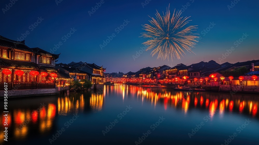 Obraz premium Illuminated Chinese Water Village with Fireworks Display at Night