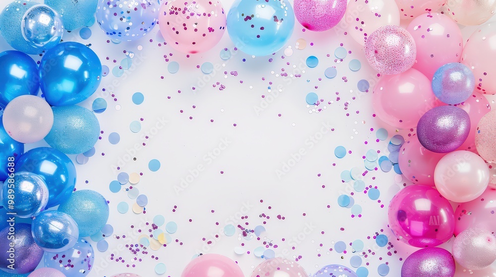 A colorful balloon arch with glitter and confetti on a white background, shown from a top view. A birthday party frame border with pastel pink A colorful balloon arch with glitter and confetti on a white background, shown from a top view. A birthday party frame border with pastel pink