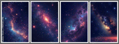 Set of pixelated posters with futuristic deep space scene in pixel art style with dithering effect. Retro space background for vintage cover, flyer, magazine or banner. Vector 8-bit illustration