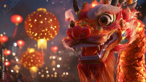 Close-up of a Red Chinese Dragon Costume at a Festival photo