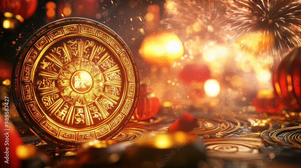 Golden Chinese Zodiac Wheel with Firework and Lanterns Golden Chinese Zodiac Wheel with Firework and Lanterns