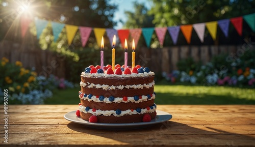 Festive birthday cake outdoors with candles and colorful bunting decorations. photo