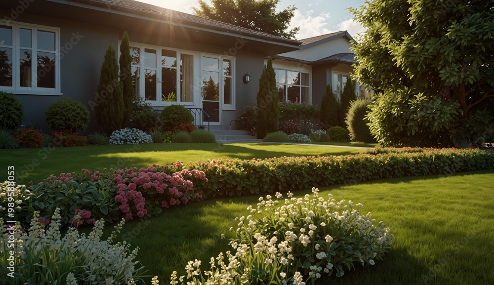 Well-maintained front yard garden of a modern house with sunlight. Well-maintained front yard garden of a modern house with sunlight.
