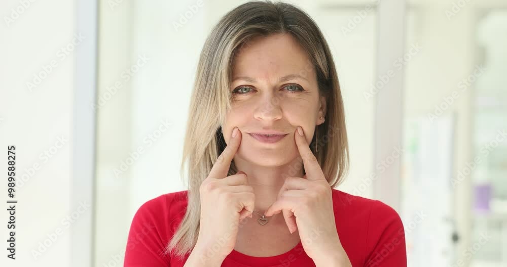 Upset blonde woman creates fake smile using fingers. Female with sad facial expression imitates positive emotions coping with problems Upset blonde woman creates fake smile using fingers. Female with sad facial expression imitates positive emotions coping with problems