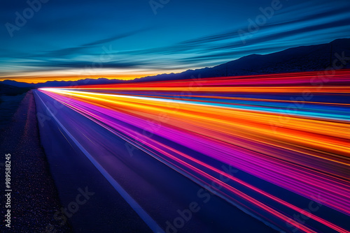 Vibrant neon light trails streak across the dark sky, creating a mesmerizing display as dusk settles over the deserted roadway
