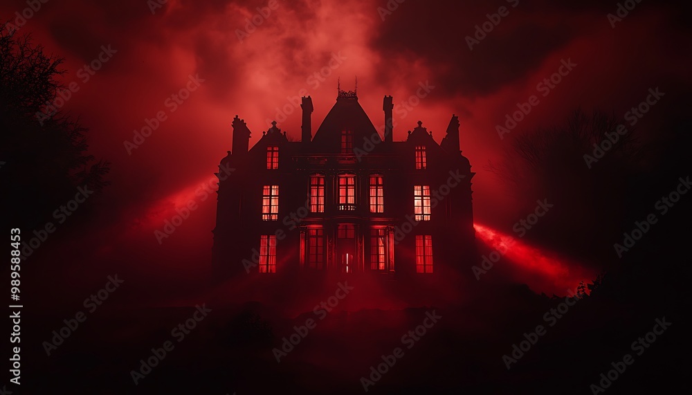 Fototapeta premium A ghostly structure with glowing windows appears from dense red fog in the darkness.
