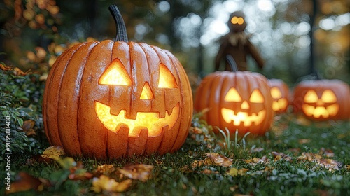 A creepy pumpkin patch at twilight, glowing jack-o'-lanterns with eerie faces, mist creeping between the rows, and a silhouette of a scarecrow coming to life in the background..