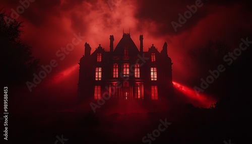 A ghostly structure with glowing windows appears from dense red fog in the darkness.