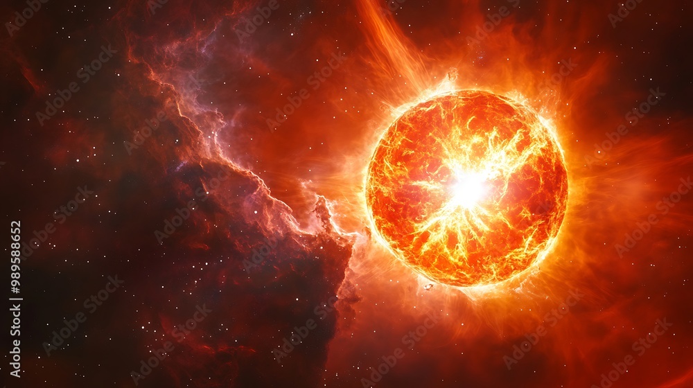 Obraz premium Stellar Transformation: Red Giant Star Encased in Planetary Nebula and Clouds Shaped by Dark Matter