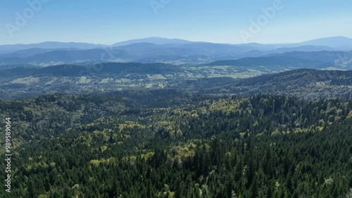 Beskid Maly aerial panorama of potrojna hill and czarny gron.Little Beskids mountain range.Aerial drone view of Rzyki Village in Beskid Maly Poland.Czarny gron ski resort in Rzyki, Andrychow, Poland. photo