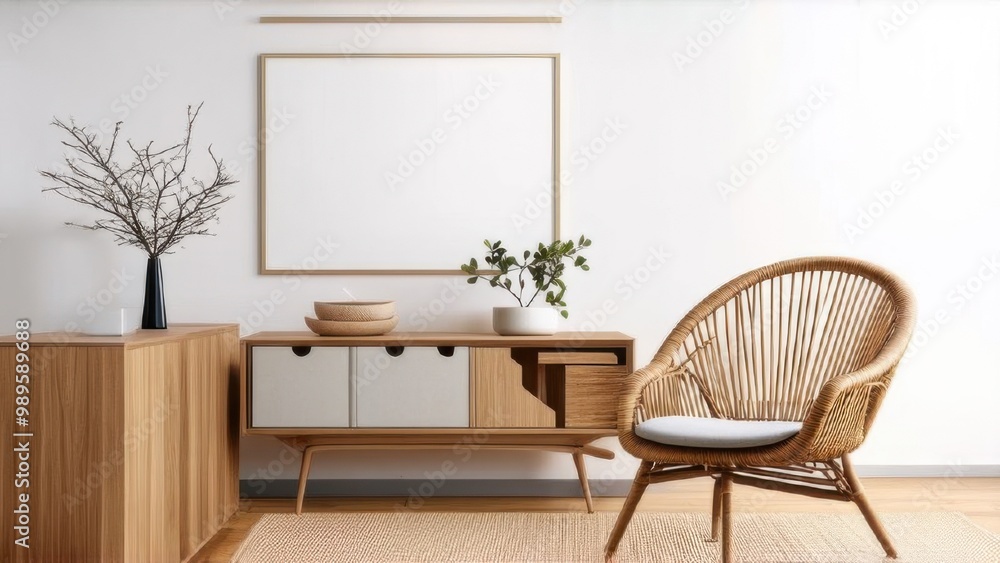 Creative composition of living room interior with mock up poster frame, copy space, wooden sideboard, vase with branch, rattan armchair, beige rug and personal accessories. Home decor Creative composition of living room interior with mock up poster frame, copy space, wooden sideboard, vase with branch, rattan armchair, beige rug and personal accessories. Home decor