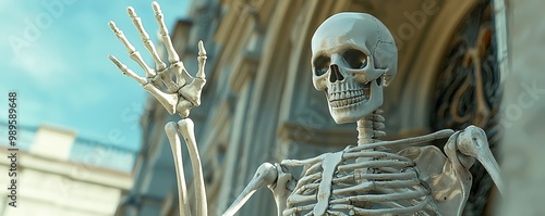 Human skeleton in a playful farewell pose, artistically highlighting skeletal structure.