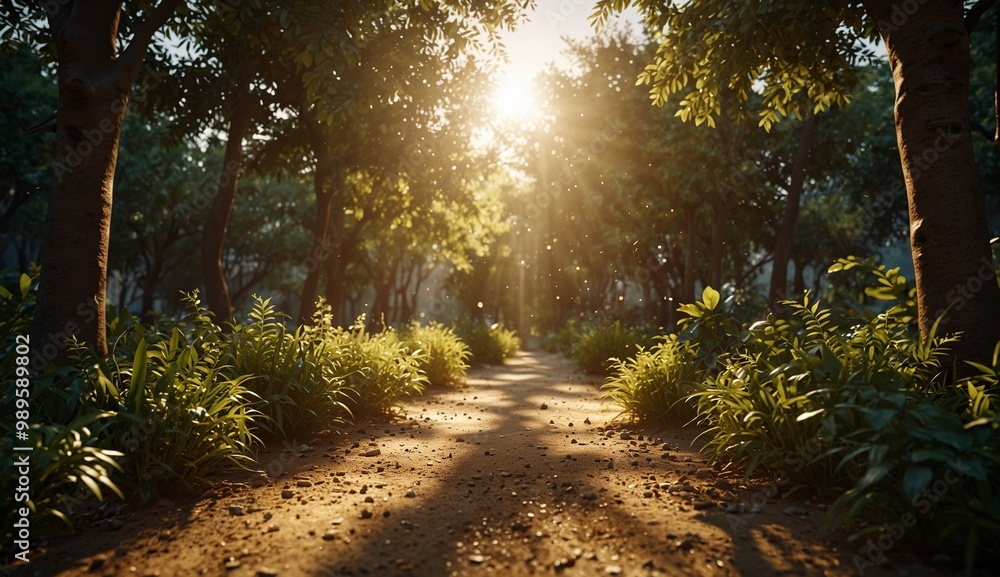 Obraz premium Sunlight beams through tree-lined path in lush, green forest scene.