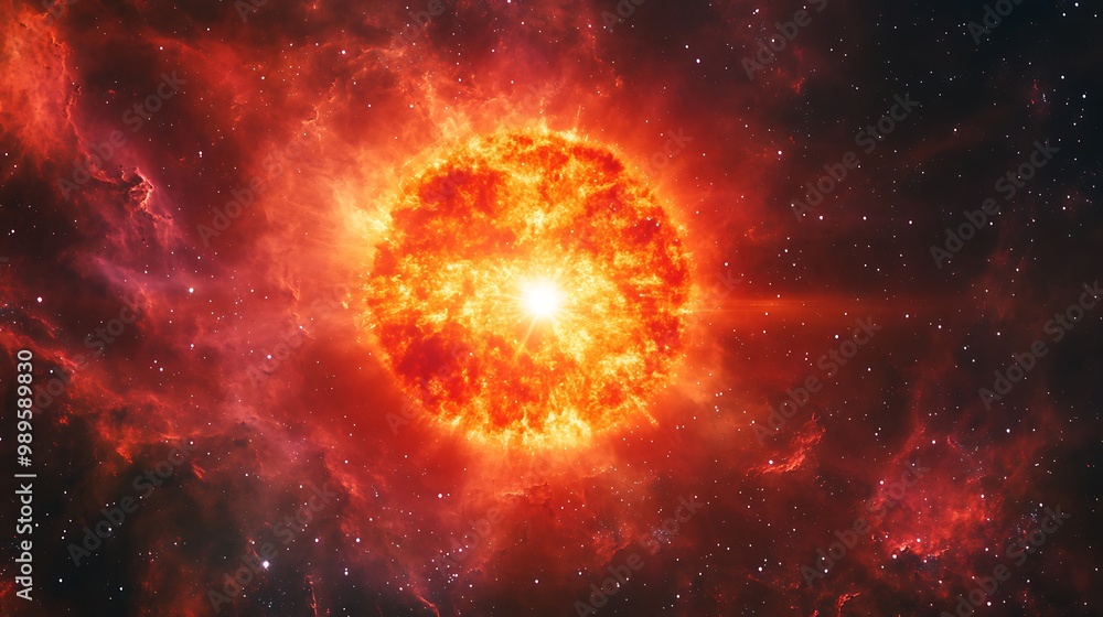 Evolving Red Giant Star Emitting Light Within a Planetary Nebula, Interacting with Molecular Clouds Evolving Red Giant Star Emitting Light Within a Planetary Nebula, Interacting with Molecular Clouds